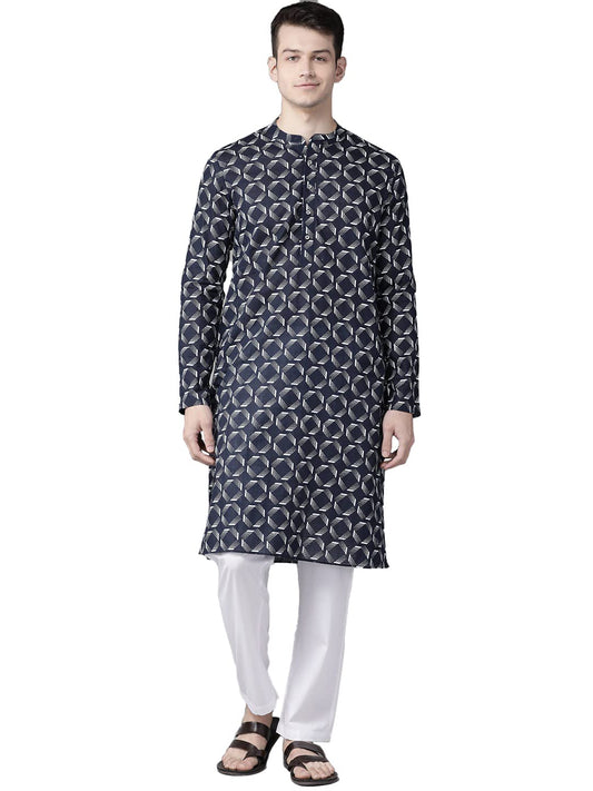 See Designs Navy Blue and White Printed Straight Kurta Button Closures