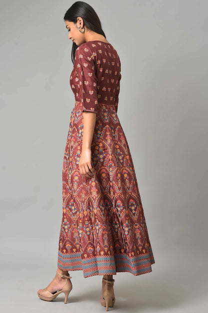 W For Woman Dark Brown Floral Printed Embroidered Glitter A-Line Dress