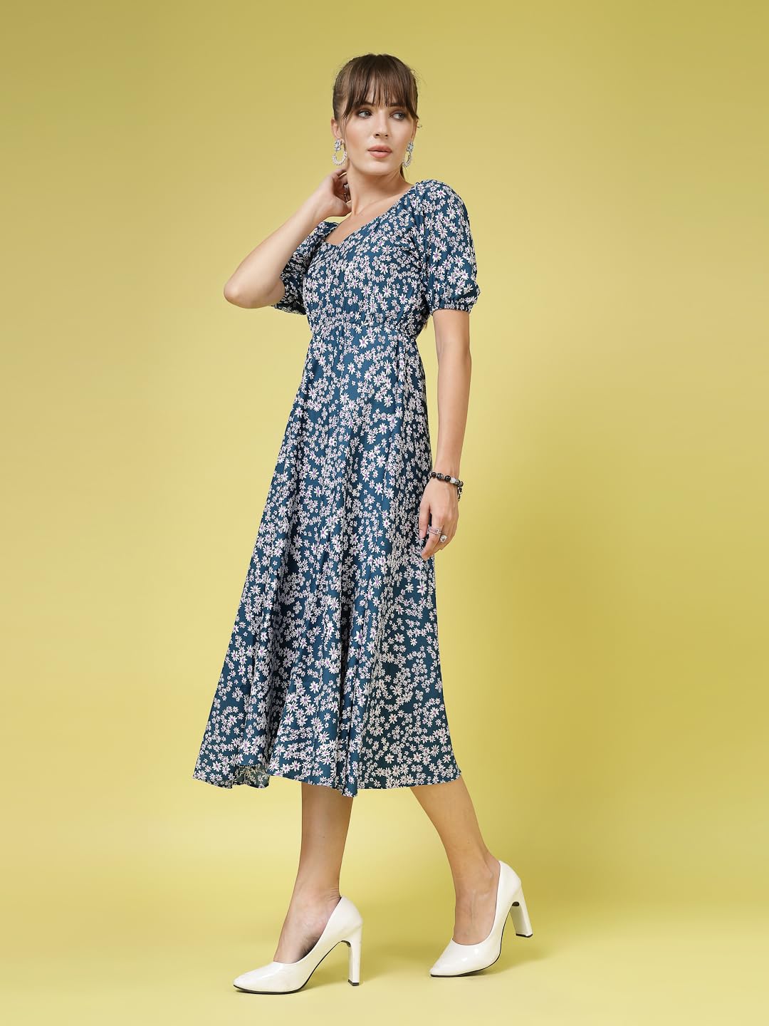 Oomph! Flared Dress For Women Stylish | Long One Piece For Women | Puff Sleeve Long Dress | Floral Print Maxi One Piece | Wester