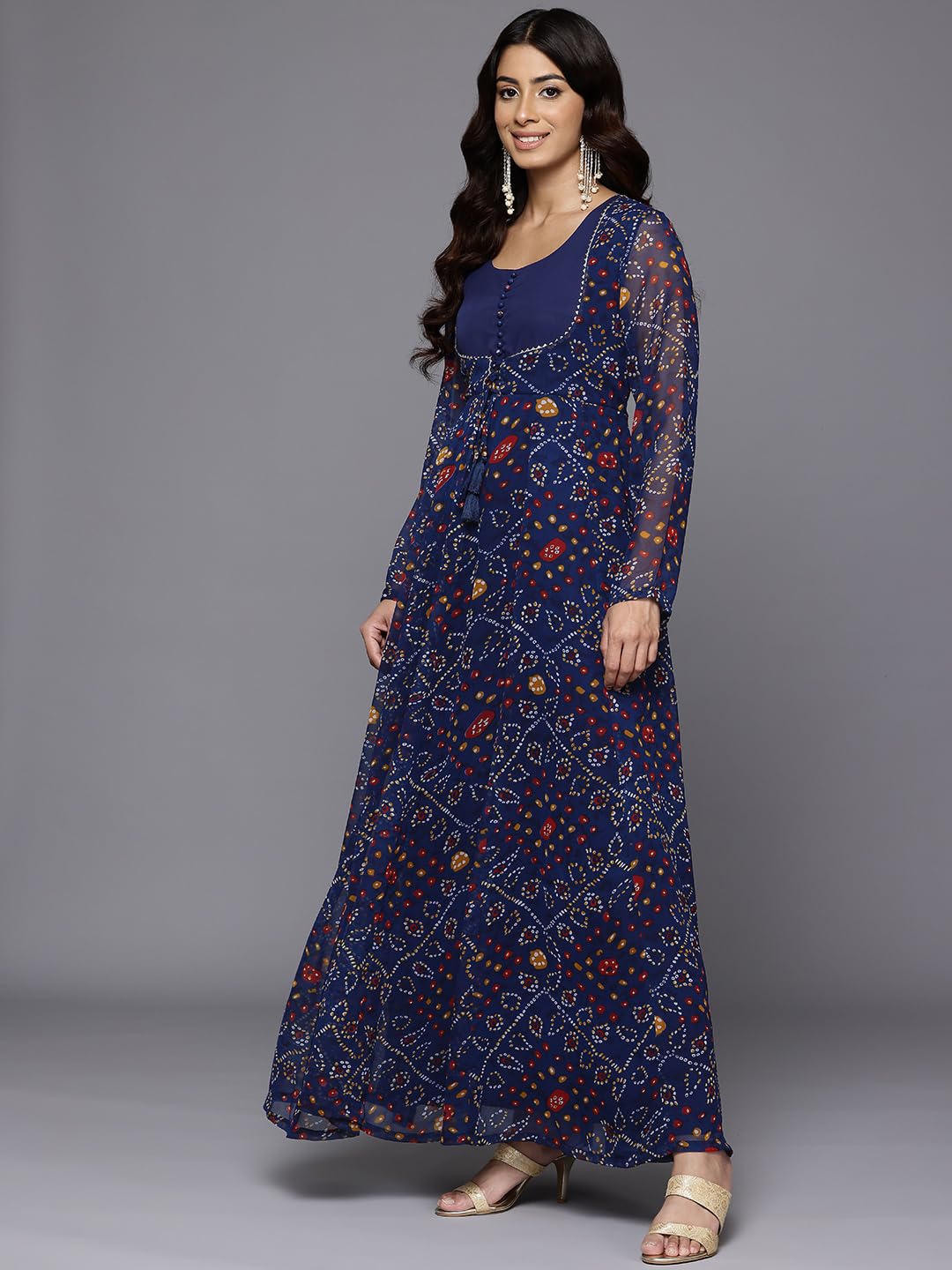 Varanga Women Bandhni Print with Gota Lace Embellished Anarkali Kurta with Dupatta Navy Blue
