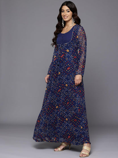Varanga Women Bandhni Print with Gota Lace Embellished Anarkali Kurta with Dupatta Navy Blue