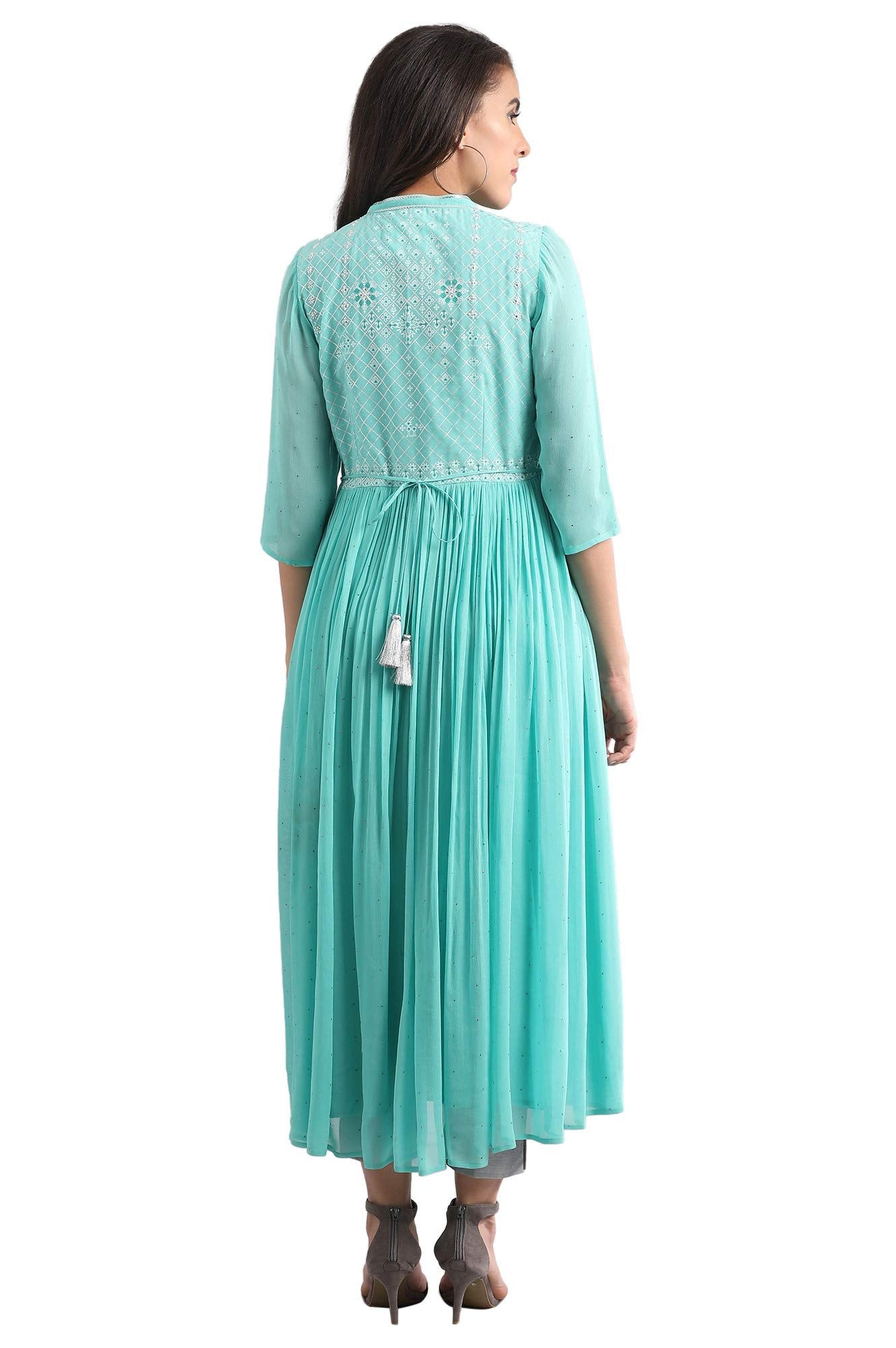 Aurelia Women's Polyester Blue Round Neck Flared Dress Ankle Length