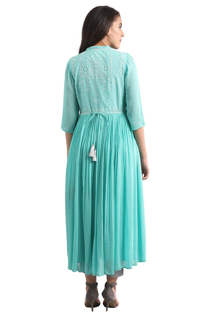 Aurelia Women's Polyester Blue Round Neck Flared Dress Ankle Length