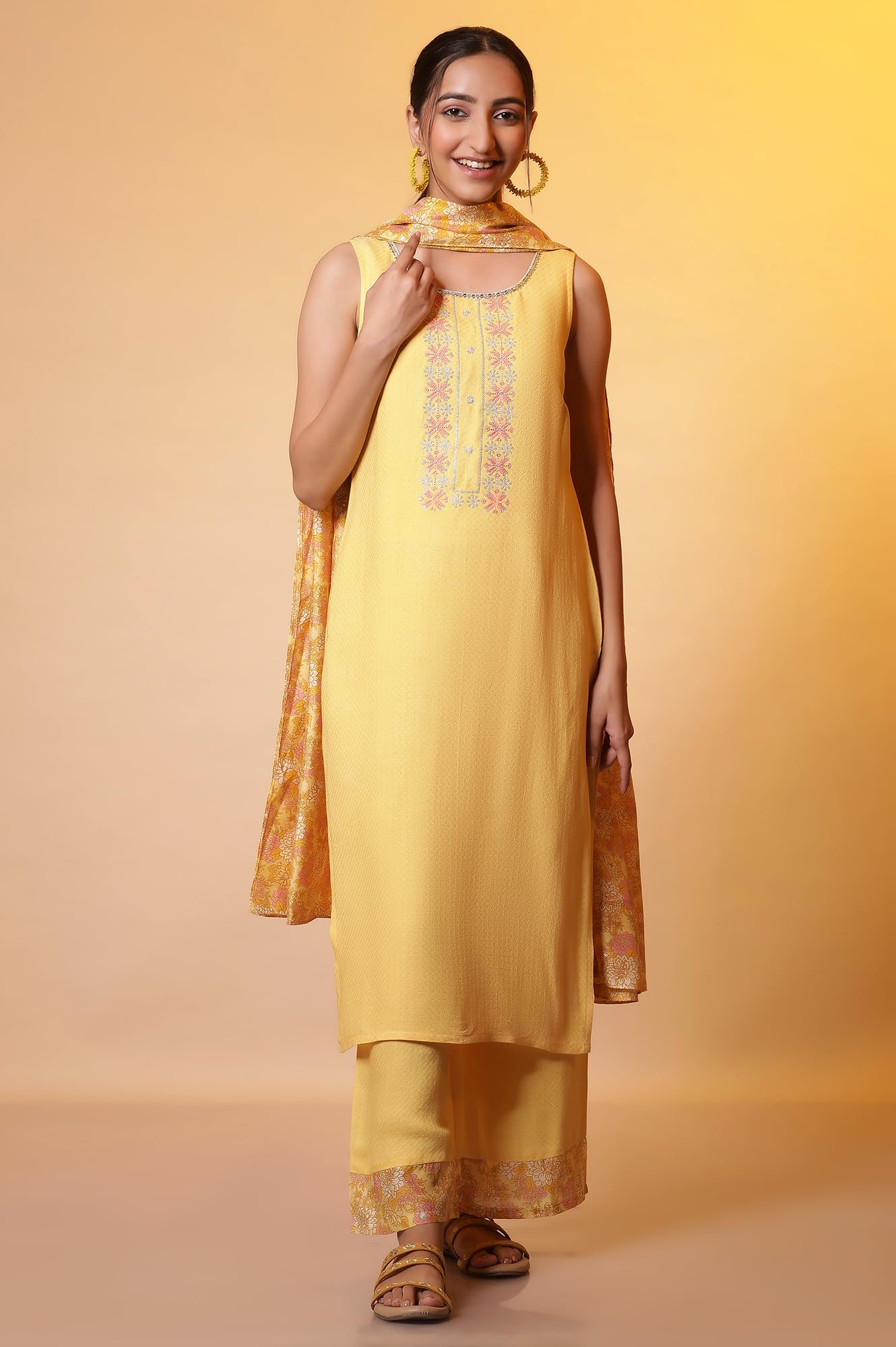 Aurelia Women's Solid Rayon Kurta Set with Palazzos & Dupatta