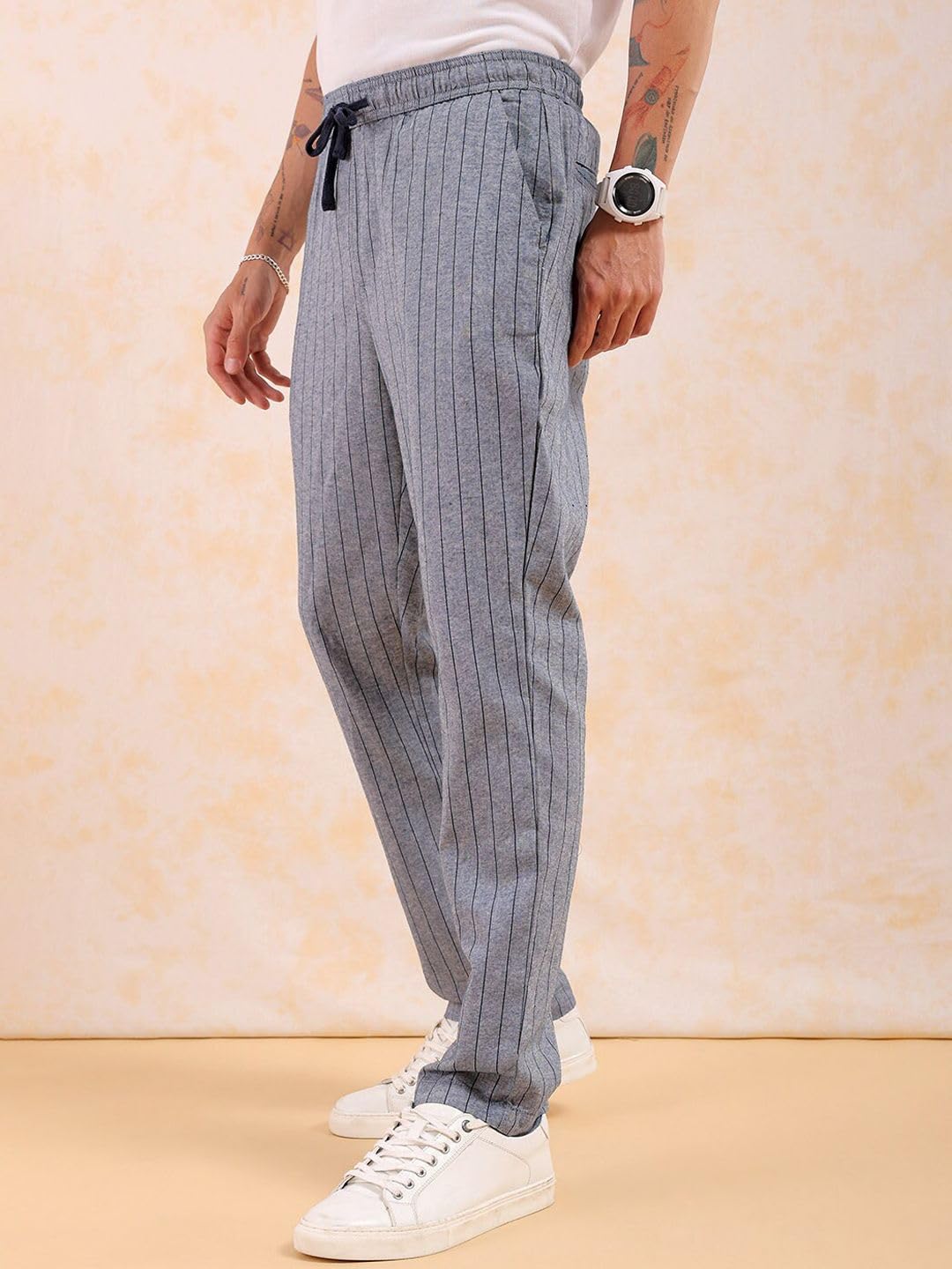 The Indian Garage Co Men Regular Fit Vertical Striped Mid-Rise Elasticated Trousers Dark Blue