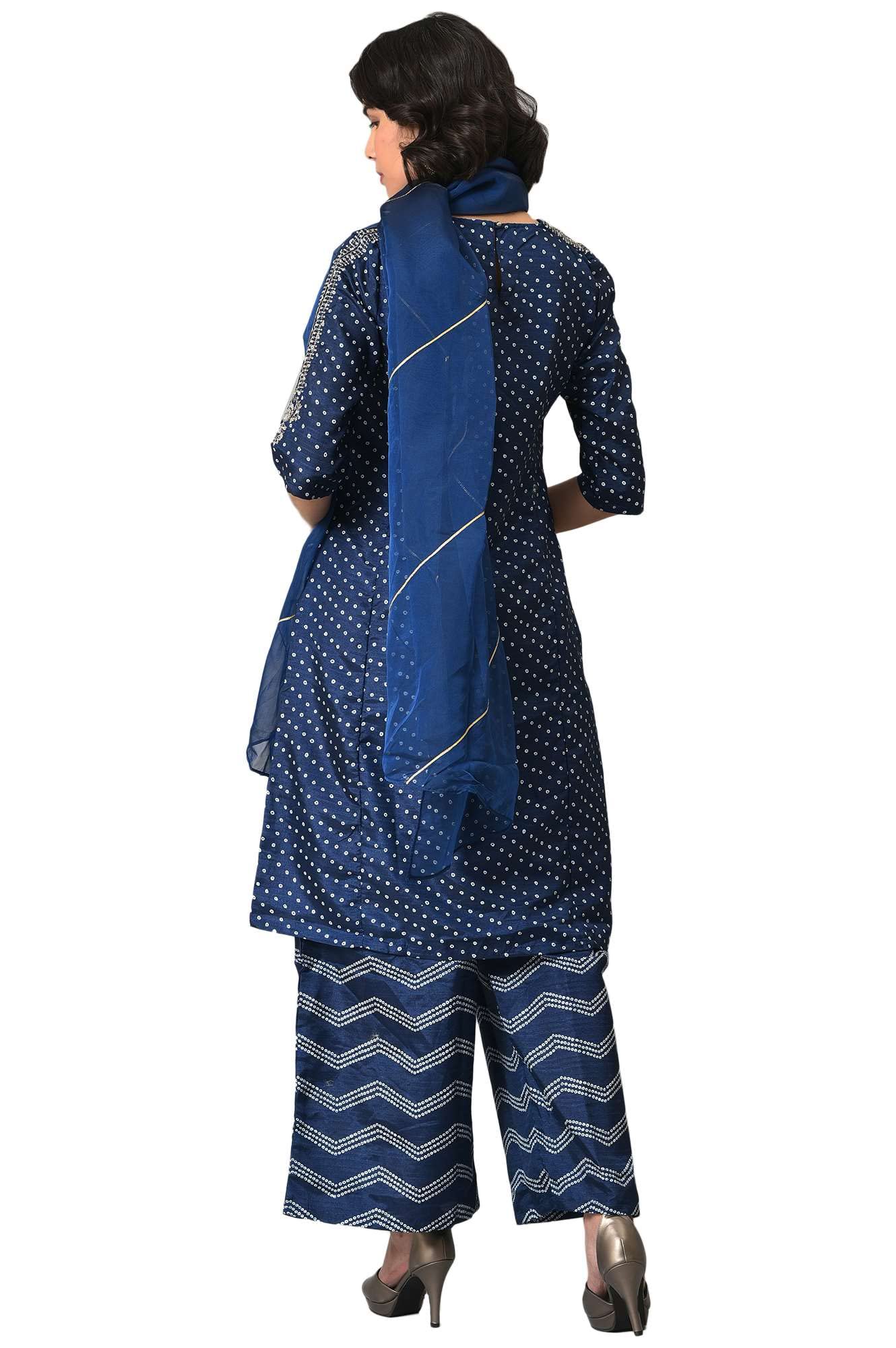 W For Woman Blue Bandhani Printed Kurta With Bandhani Pants And Organza Dupatta