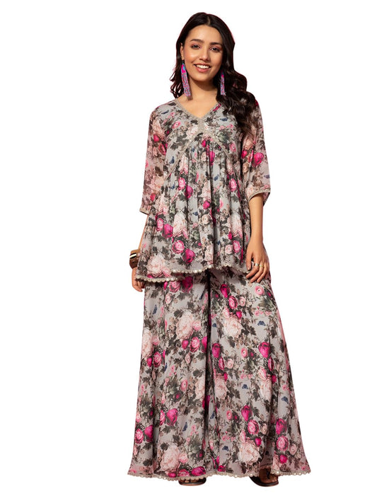 Libas Grey Printed Poly Georgette Co-Ords
