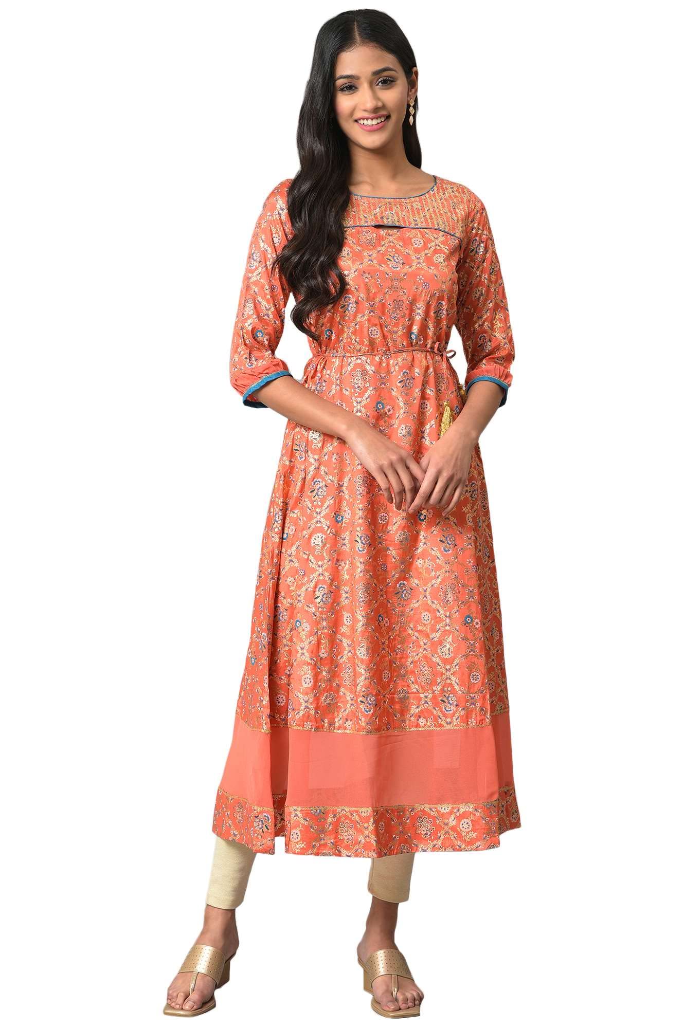 Aurelia Women's Viscose Regular Kurta (22AUA13503-505416_Peach
