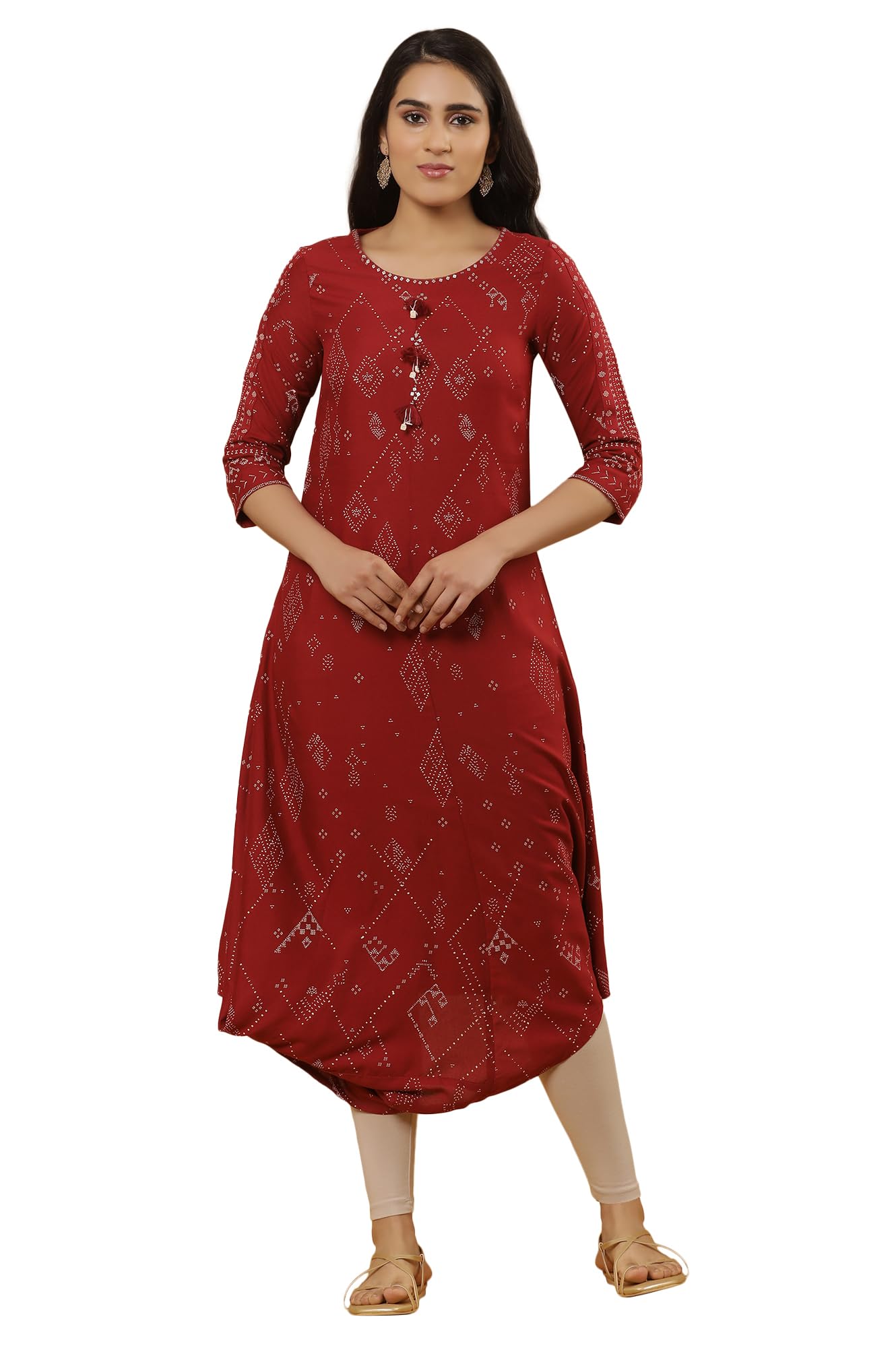 W Women Red Geometric Print Viscose Kurta Set With Tight