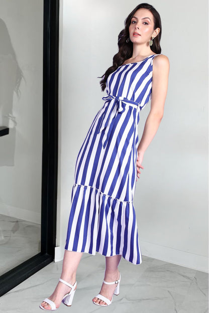 Popwings Women Casual Blue & White Stripe Long Belt Dress Dress | Stylish Dress | Trendy Dress