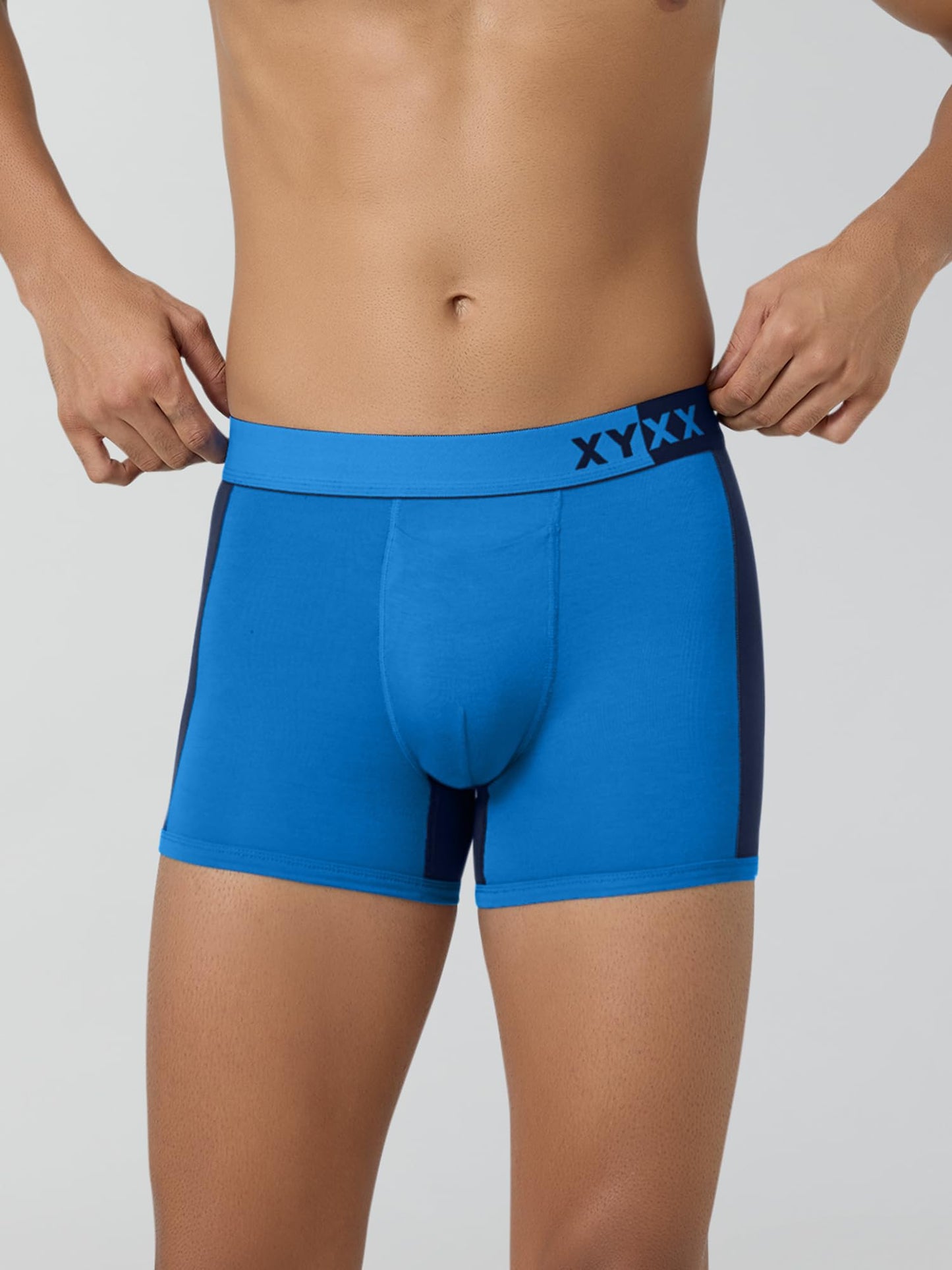 XYXX Mens Underwear Dualist IntelliSoft Antimicrobial Micro Modal Trunk Pack of 2 (Black Iris & Black;Brilliant Blue & Black Ir