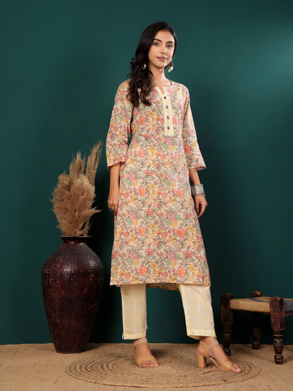 Varanga Varnaga Grey And Green Floral Printed Straight Kurta With Trouser Set | Round Neckline With V-Cut | 3/4Th Sleeves | Side