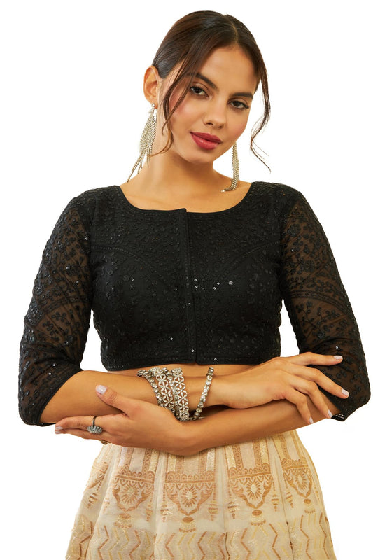 Soch Womens Black Net Floral Embroidered Sequin Embellished Front-Open Blouse