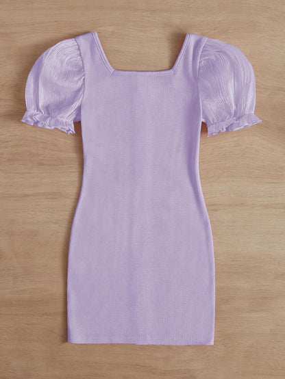 TAGAS Young Girl Contrast Dobby Mesh Puff Sleeve Dress || Girls Dress || Party Dress for Girls ||Fency Dress||(GCD) Lavender