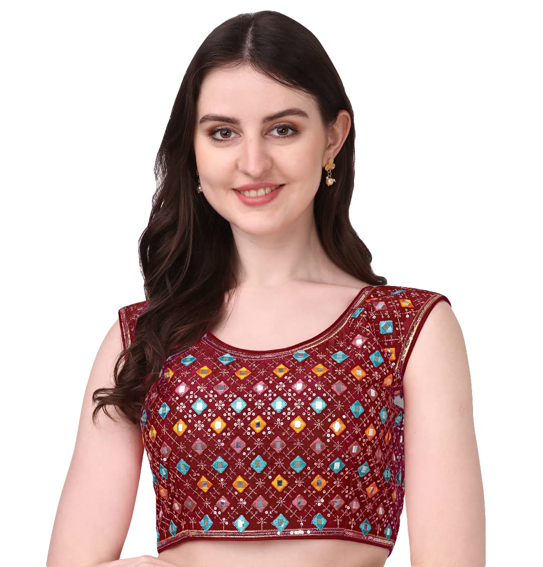 Pujia Mills WomenS Silk Embroidery Foil Work Sleeveless Readymade Saree Blouse