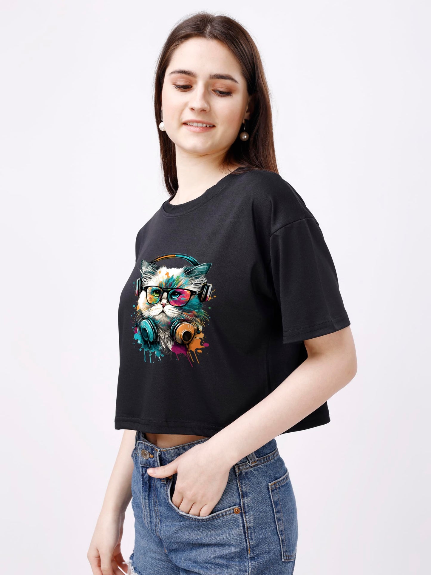 ELLITI Soft Rich Cotton Casual Cat Face Printed Black Half Sleeve | Round Neck | Oversized/Loose Fit | Down Solder | Rainbow Col