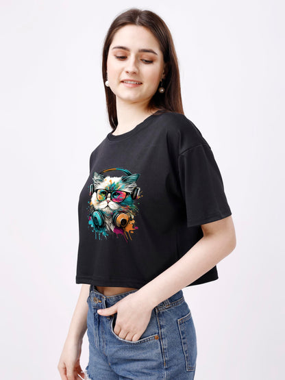 ELLITI Soft Rich Cotton Casual Cat Face Printed Black Half Sleeve | Round Neck | Oversized/Loose Fit | Down Solder | Rainbow Col