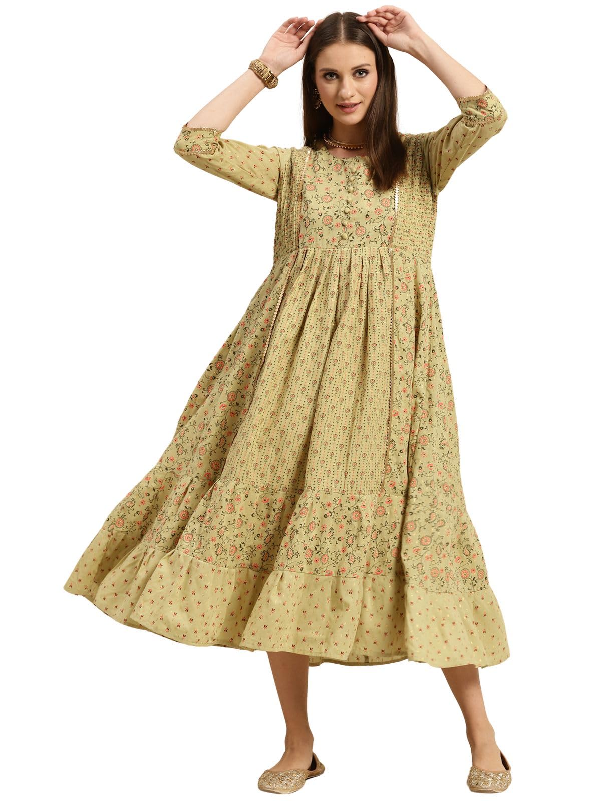 rangita Green Cotton Calf Length Embroidered Anarkali Kurti for Women | Kurta for Women