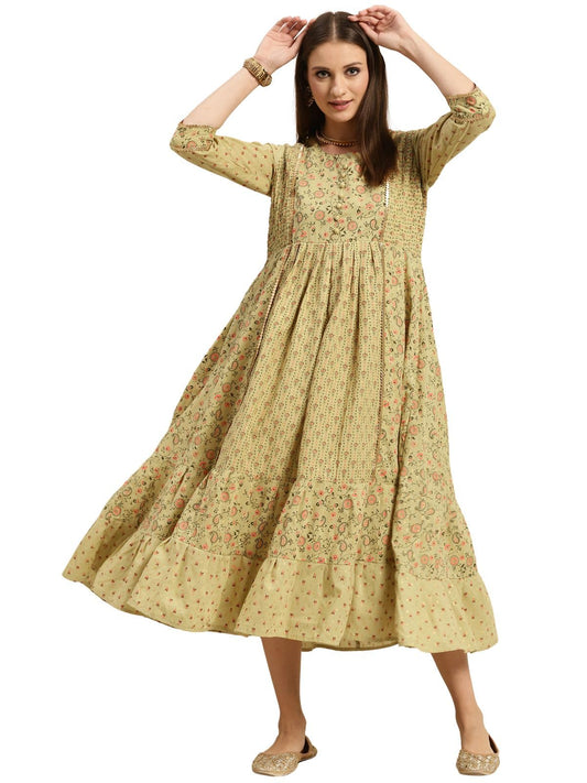 rangita Green Cotton Calf Length Embroidered Anarkali Kurti for Women | Kurta for Women