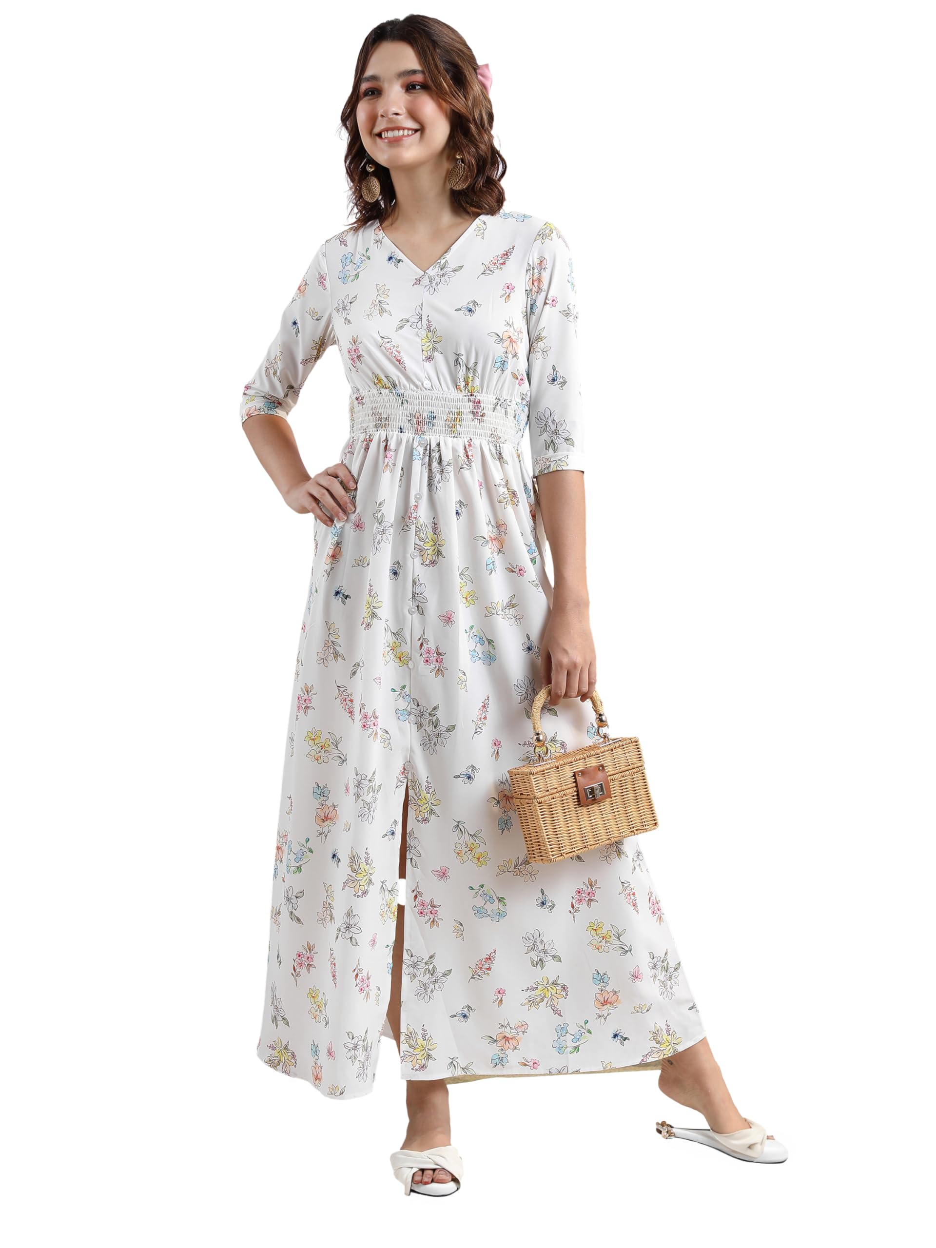 Ketch Women 3/4 Sleeve Casual Fit Dress Khj6000579 Off White S