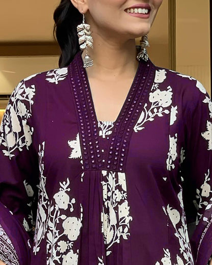 Toochki WomenS Rayon Viscose Anarkali Printed Kurta With Palazzo & Dupatta Purple Color