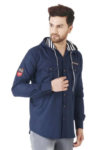 Besix MenS Blue Tailored Fit Cotton Blend Shirt For Man With Hoodie - Casual Long Sleeve Shirt With Pockets - Patch Detail For