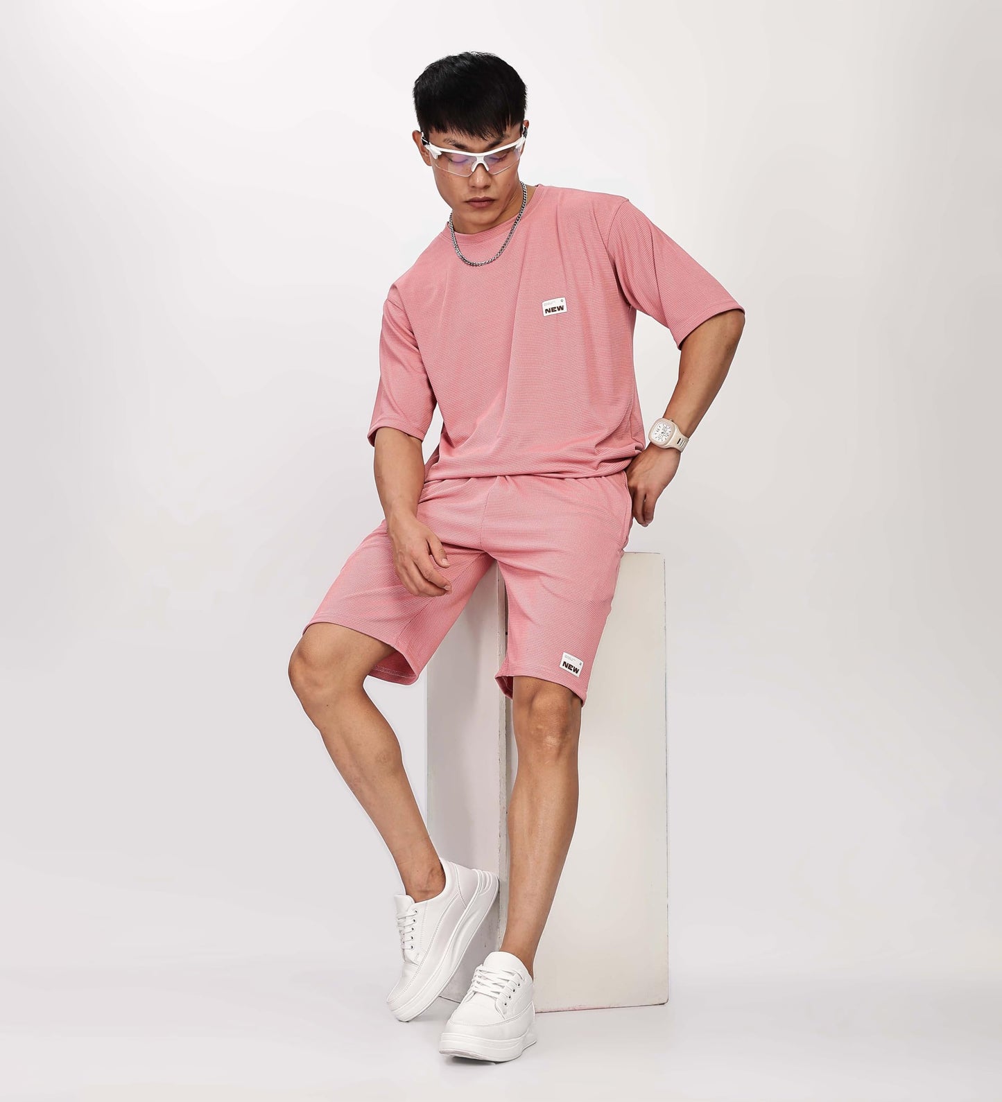 SHODOX Mens Round Neck Solid Relaxed Fit Tshirt and Short Co-ords Set for Mens (Pack of 1) Rose Gold
