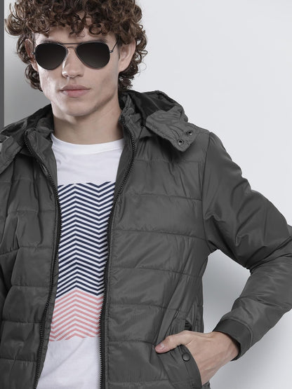 The Indian Garage Co Men Grey Slim Fit Solid Puffer Jacket