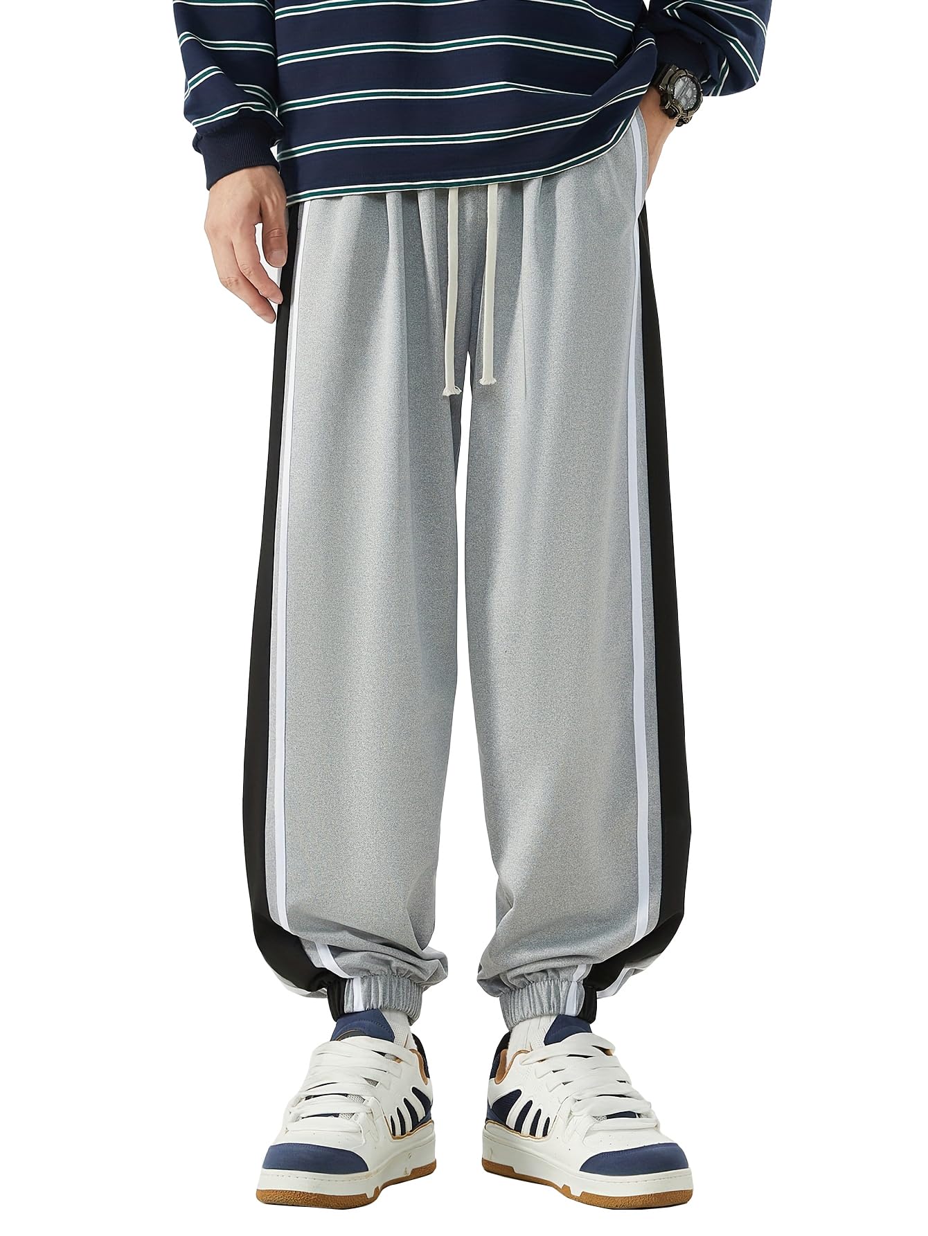 Shasmi Light Grey Side Striped Pants Men Oversized Baggy Wide Leg Trousers Elastic Waist Streetwear Joggers Men Track Pant for M