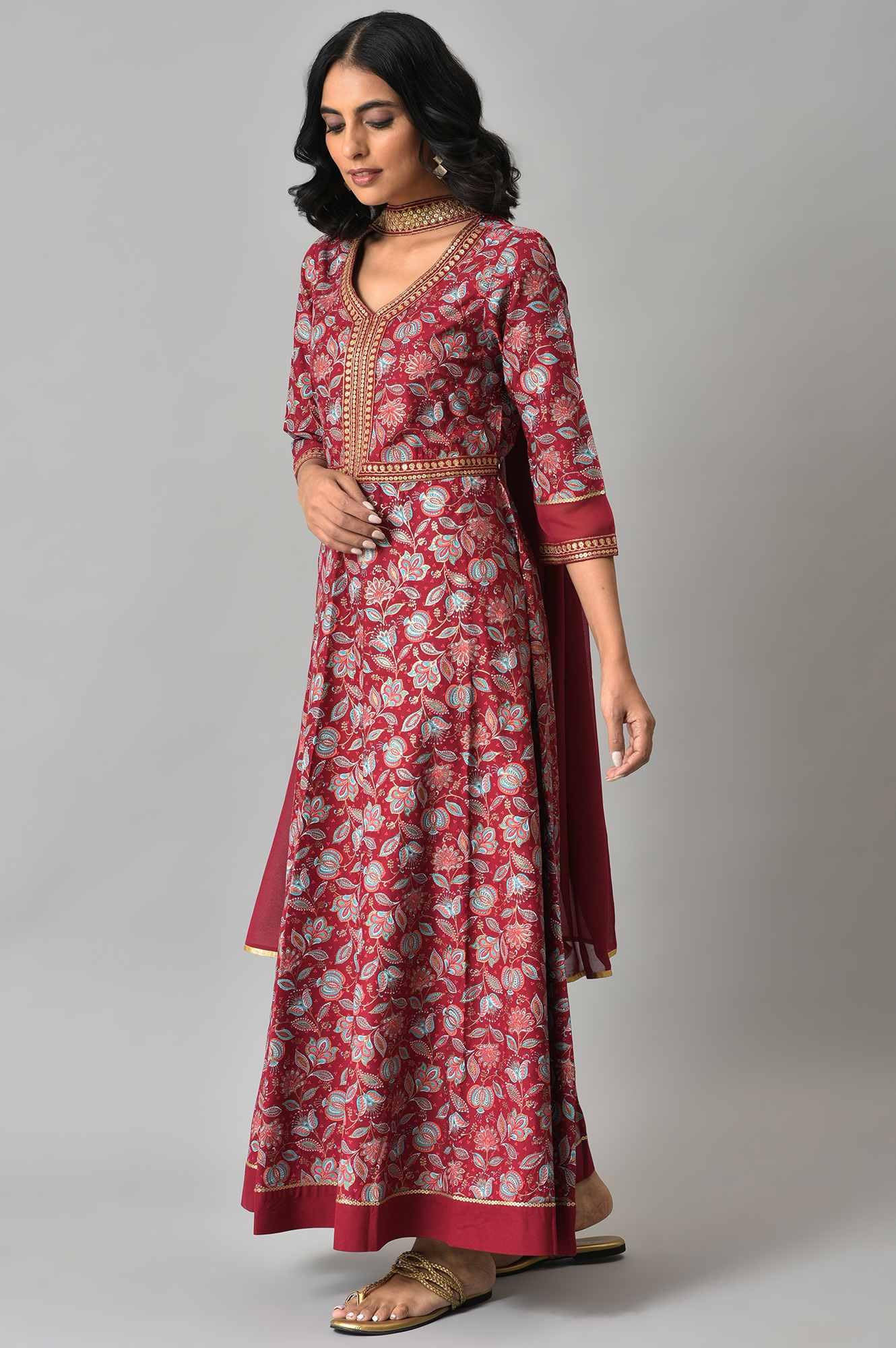 Aurelia WomenS Rayon A-Line Ankle Length Dress (23Auas13516-506029_Maroon