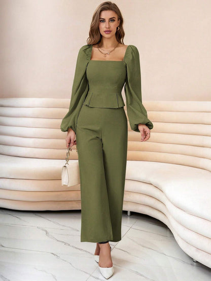 Kotty WomenS Solid Relaxed Fit Full Sleeve Co-Ord Top And Trouser Set. Olive Green