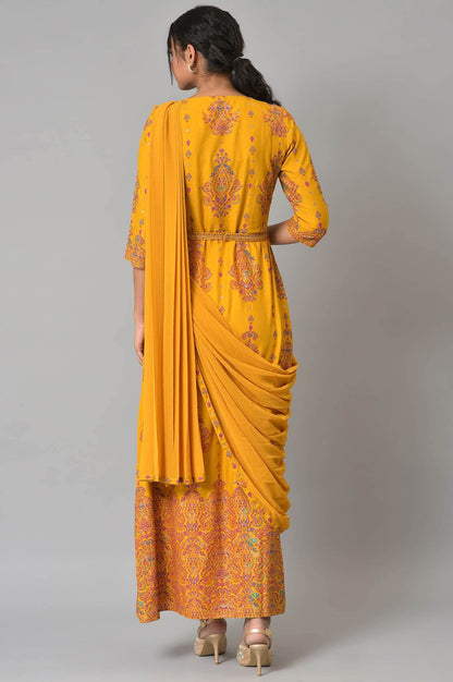 W For Woman Yellow Ethnic Motif Glitter Embroidered Stylised Dress