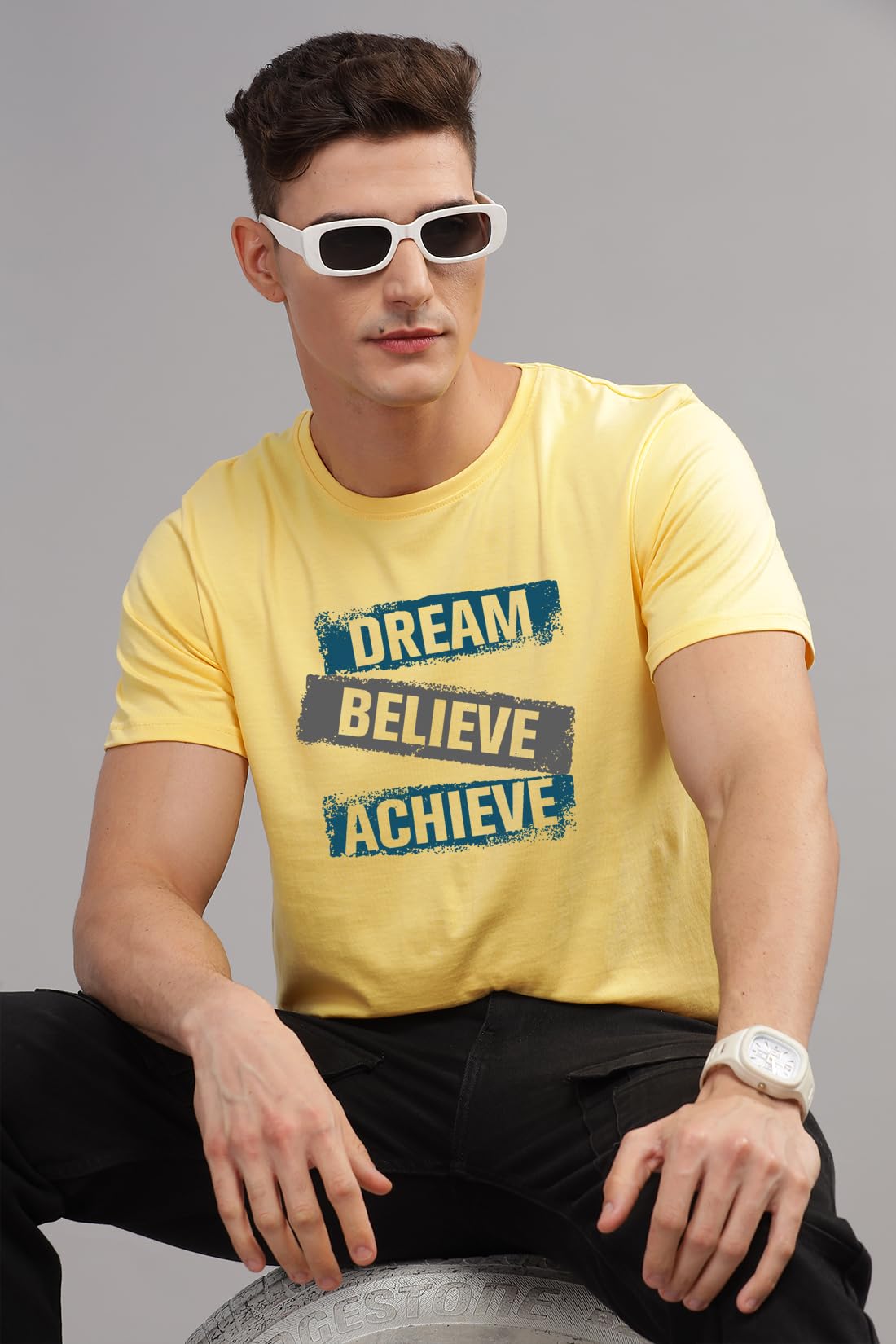 ADRO Men's Solid Regular Fit T-Shirt (RN24-DBA-LY_Light Yellow