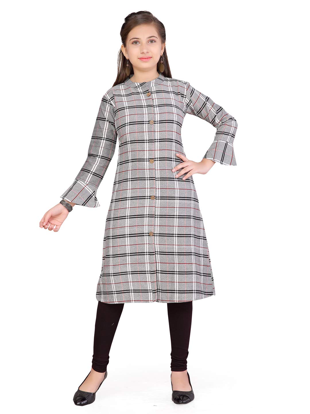 Aarika Girl's Cotton Cut-Out Knee-Long Dress (KL-TR-TC-4-GREY-BLACK-32)