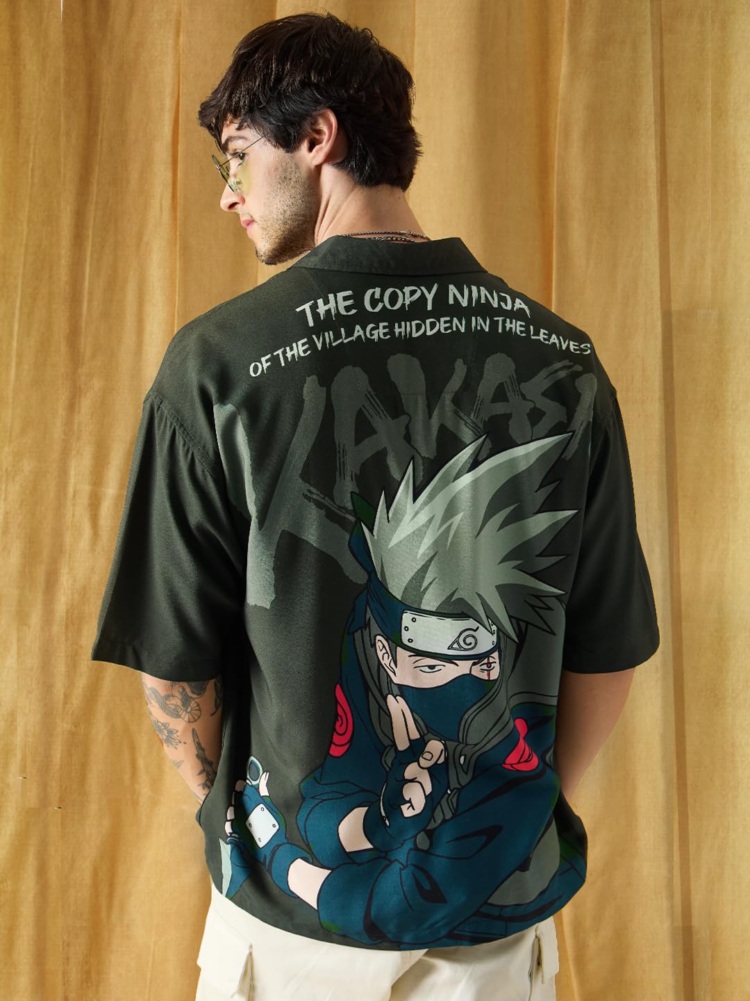 The Souled Store Official Naruto: Kakashi Ninja Mens and Boys Oversize Fit Half Sleeves Graphic Pattern Black Color Shirt Netfli