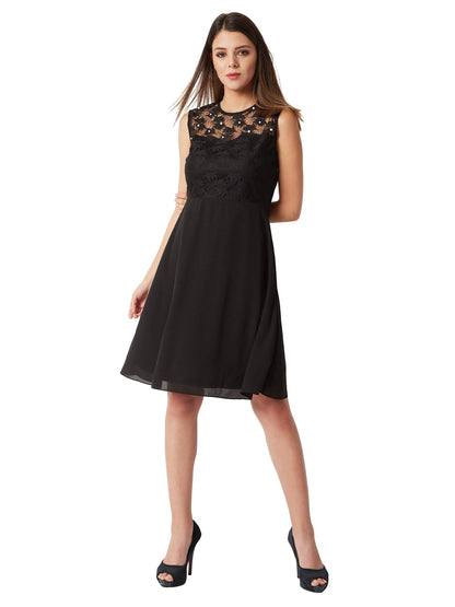 Miss Chase WomenS Black Round Neck Sleeveless Solid Paneled Lace And Pearl Detailing Knee Length Skater Dress (Mcaw18D10-88-62_
