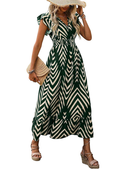Shasmi WomenS & GirlS Green V-Neck Striped Printed Dress With Ruffled Hem And Belted Waist For Vacation, One Piece Dress For W