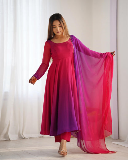 GoSriKi Georgette Anarkali Kurta with Trousers & Dupatta, Size 42, Pink, Model SADE-CLRS-GS