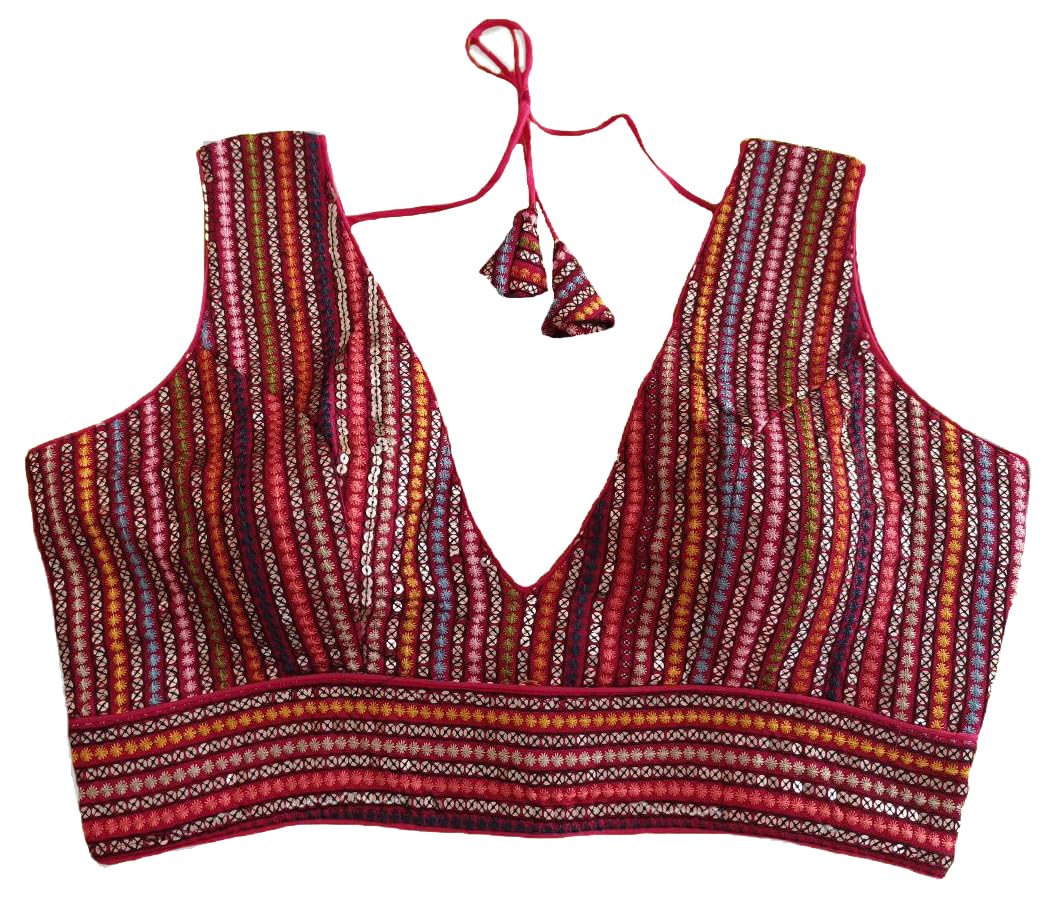 Pujia Mills Womens Sleeveless Readymade sabyasachi Pattern V Neck Blouse Embroidery Work with Sequence Blouse Indian Ethnic wea