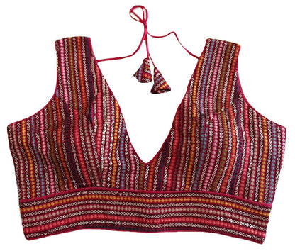 Pujia Mills Womens Sleeveless Readymade sabyasachi Pattern V Neck Blouse Embroidery Work with Sequence Blouse Indian Ethnic wea