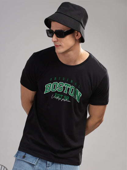ADRO Mens Printed T Shirt - Premium Cotton Graphic Printed Tshirt - Black T-Shirt - RN24-BOST-BL