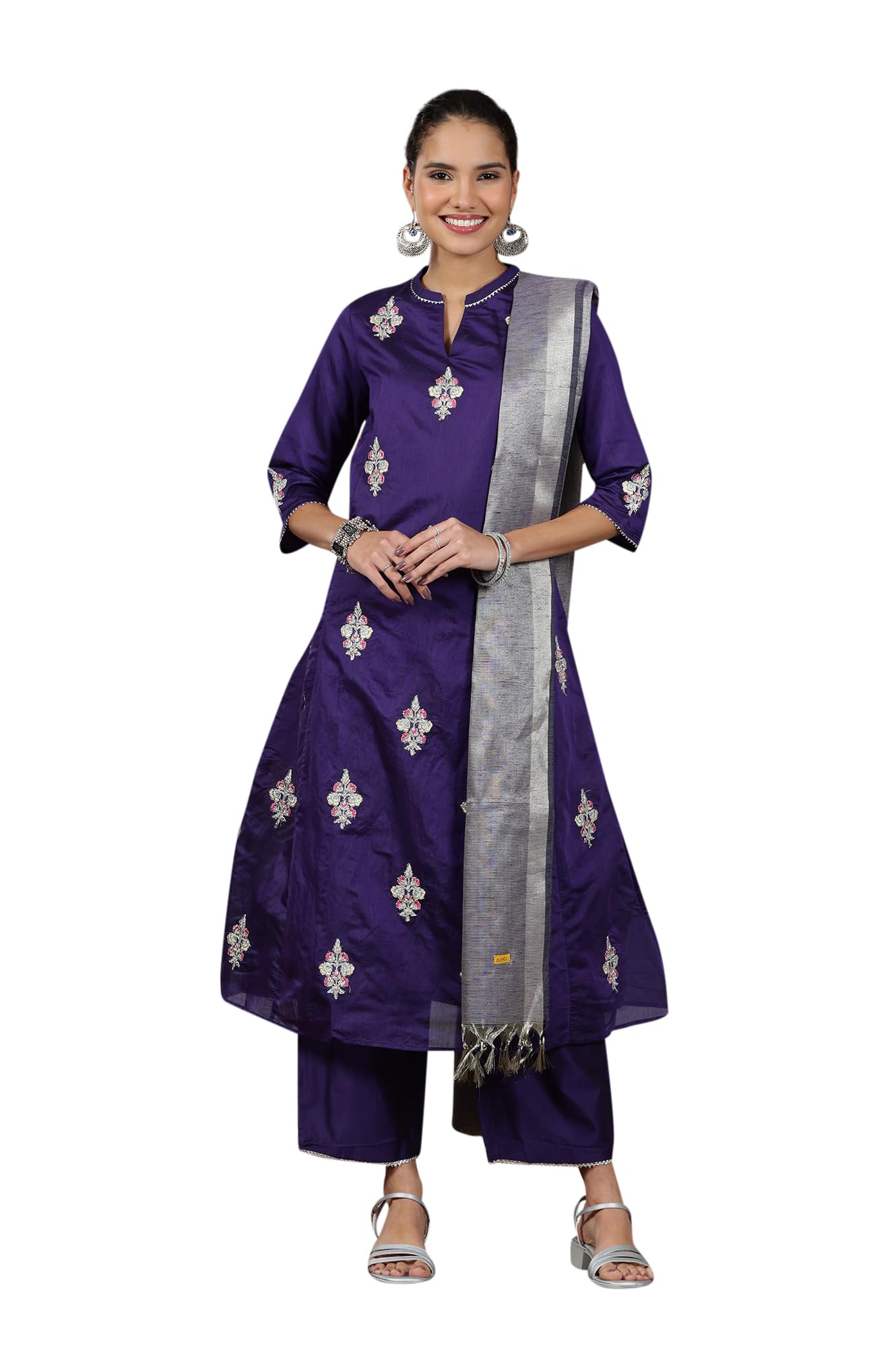 Aurelia Women's Viscose Yarn Dyed Flared Kurta & Palazzo With Dupatta Set