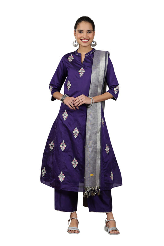 Aurelia Women's Viscose Yarn Dyed Flared Kurta & Palazzo With Dupatta Set