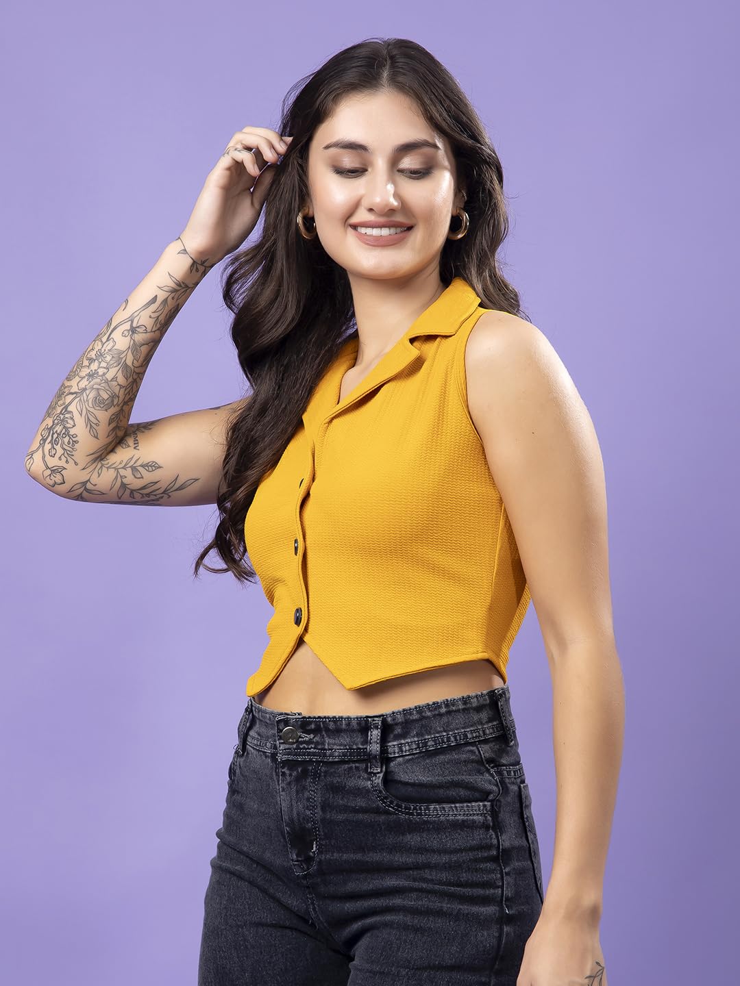 POPWINGS Mustard Solid Button Clousre V Neck Sleeveless Waistcoat Crop Top