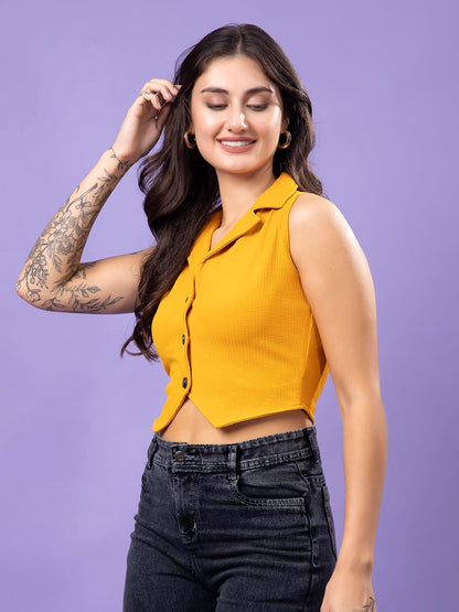 POPWINGS Mustard Solid Button Clousre V Neck Sleeveless Waistcoat Crop Top