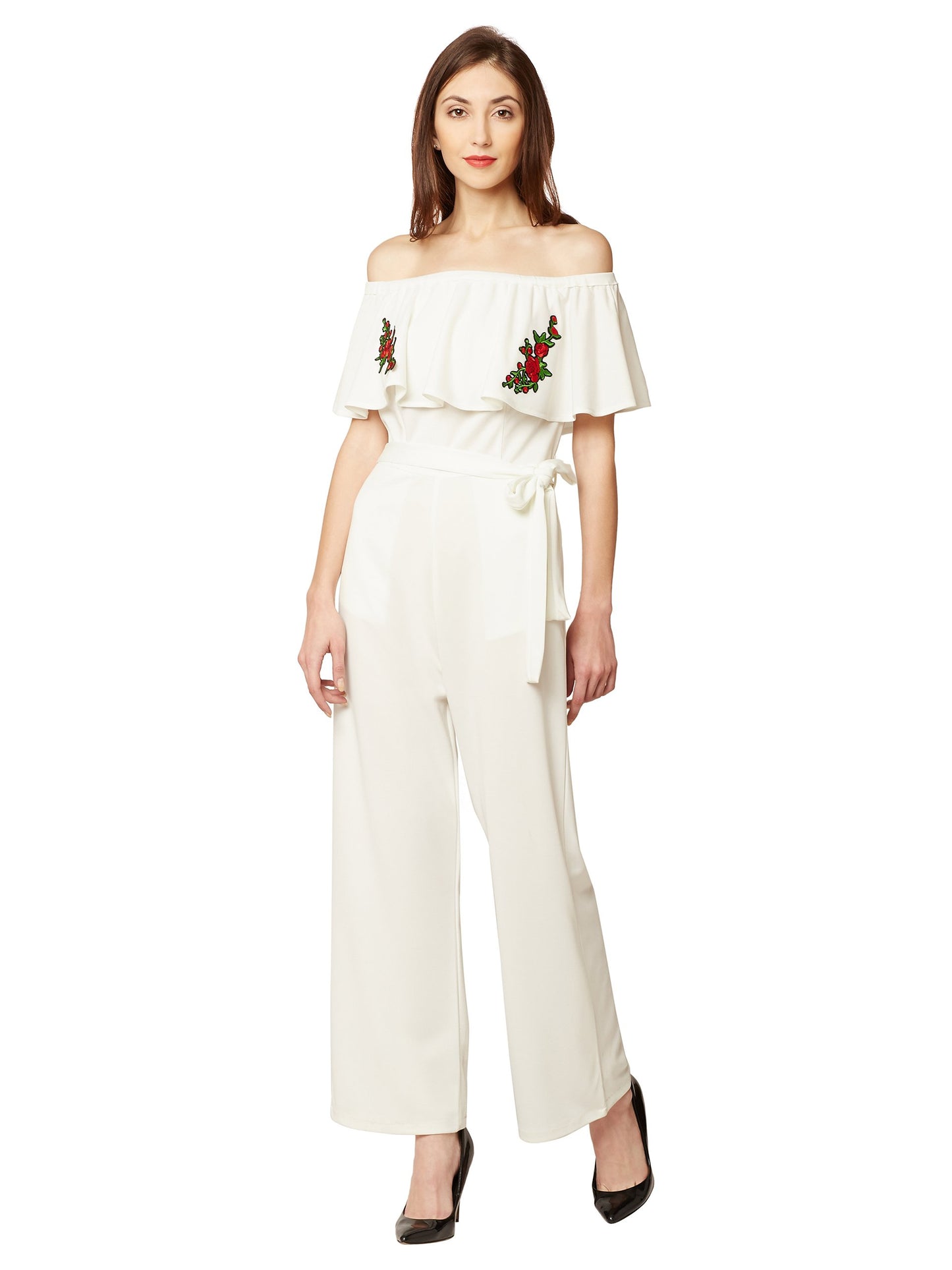 Miss Chase WomenS Off-White Embroidered Off-Shoulder Jumpsuit(Mcaw17D10-38-114-06,Off White,X-Large)