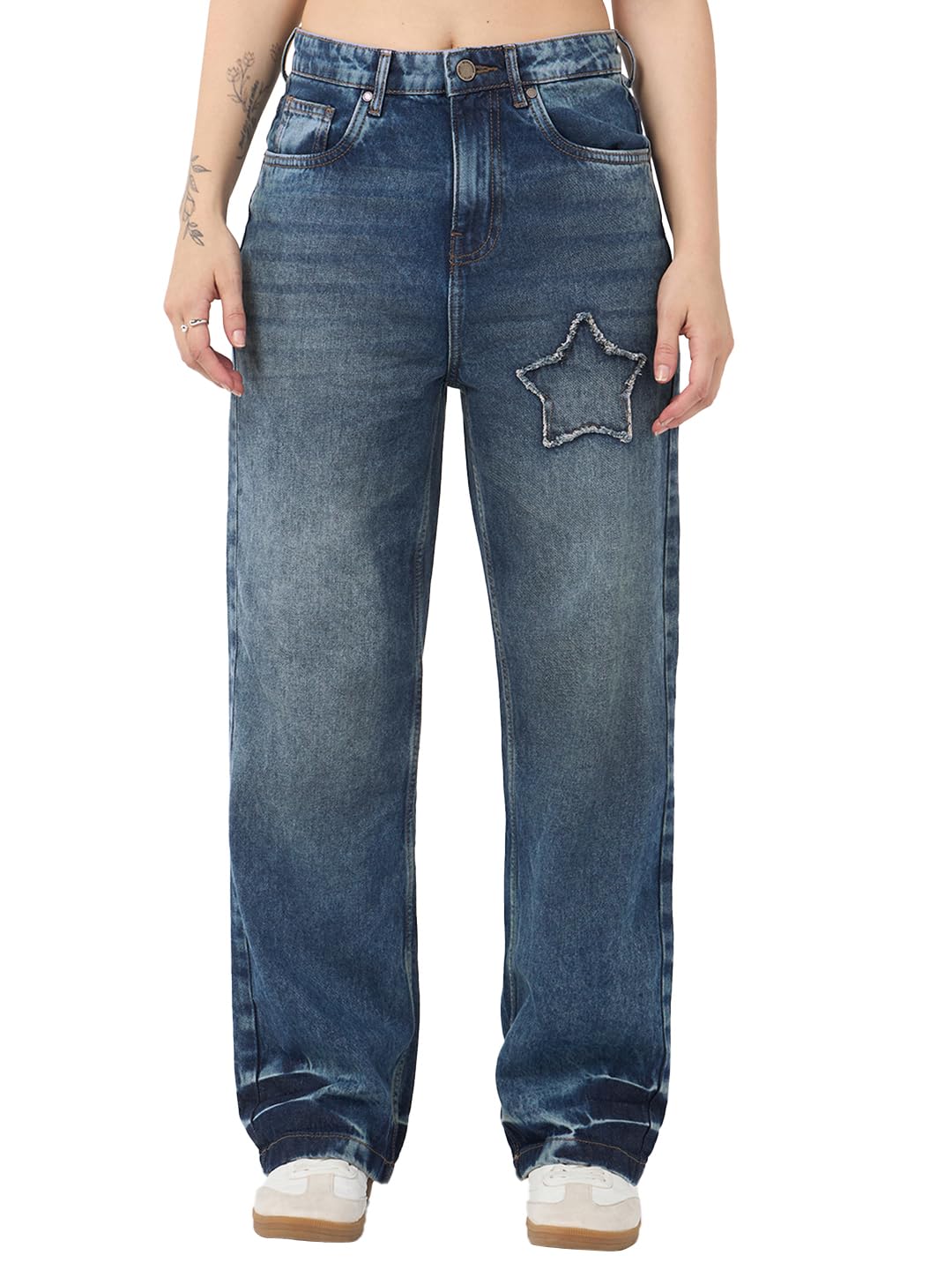 Bewakoof Womens Applique Straight Fit Cotton Washed Jeans_671017_Blue_30