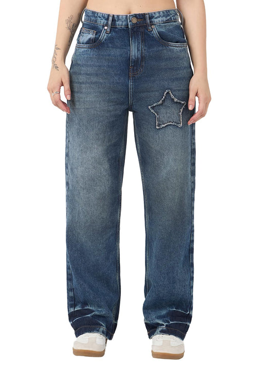 Bewakoof Womens Applique Straight Fit Cotton Washed Jeans_671017_Blue_30