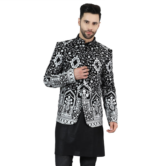 WINTAGE Mens Embroidered Velvet Black Bandhgala : blazer1573short