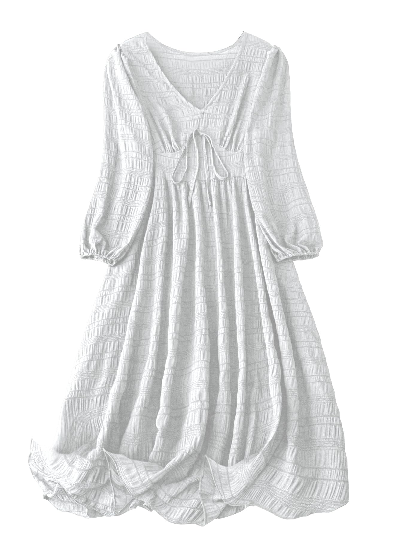 Shasmi Womens & Girls White Dress For Women Midi, One Piece Dress For Womens Casual Dress, Solid Textured Lantern Sleeve Tie Fro